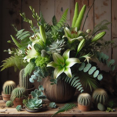 Green lily bouquet with cacti