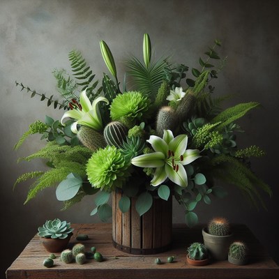 Green floral arrangement on wooden table