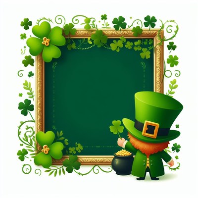 Leprechaun holding shamrock by green board