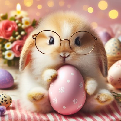 Bunny with glasses holds easter egg