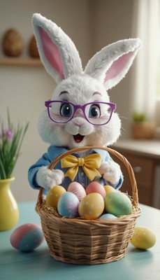 Easter bunny holding basket of eggs