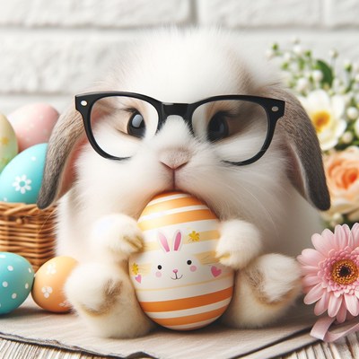 Bunny with glasses holds easter egg