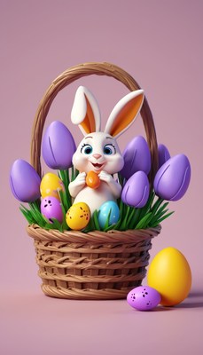 Easter bunny basket with eggs and tulips