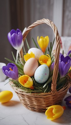 Easter basket with flowers and eggs
