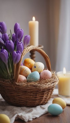 Easter eggs in a basket with flowers and candles