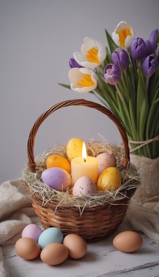 Easter eggs and crocuses in a basket