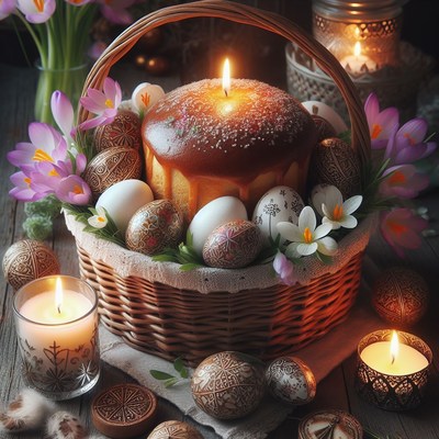 Easter basket with candles and decorated eggs