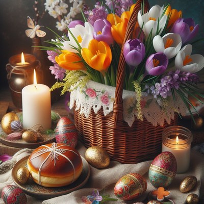 Easter basket with crocuses and candles