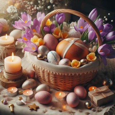 Easter basket with candles and eggs