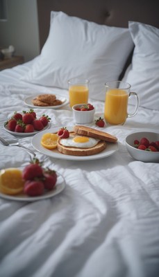 Breakfast in bed with toast and orange slices