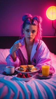 Woman with pink hair eating breakfast in bed