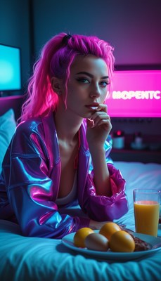 Woman with pink hair in neon room