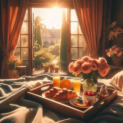 Sunlit breakfast tray with roses