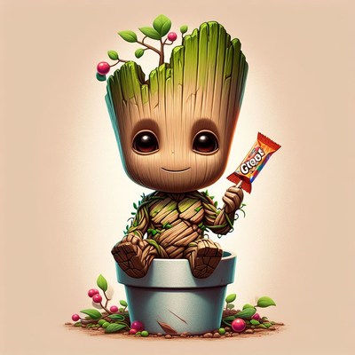Groot holding candy in pot