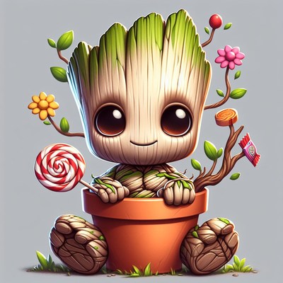Cute groot holding lollipop in pot
