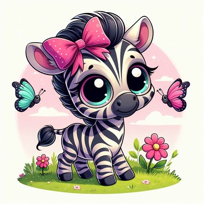 Cute zebra with bow and butterflies