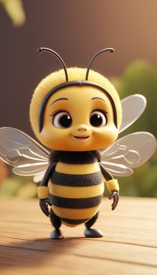 Cute cartoon bee on wooden surface