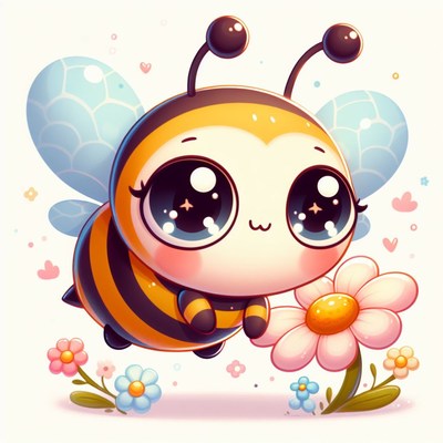 Cute cartoon bee flying near flower