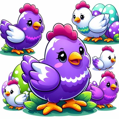 Purple and white cartoon chickens
