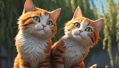 Two orange tabby cats looking up