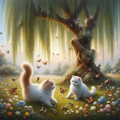 Cats playing in a willow tree meadow