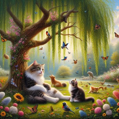 Cats under willow tree