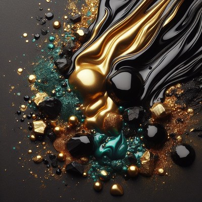 Black, gold, and green paint splashes