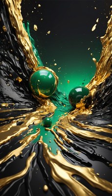 Green and gold spheres in liquid splashes