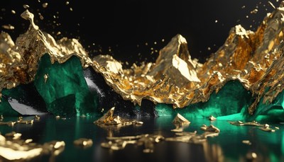Golden liquid splashing over green surface