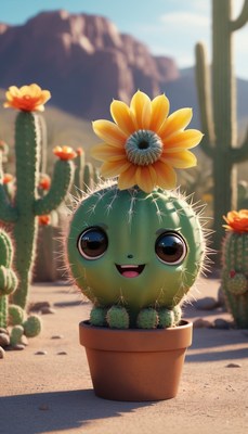 Happy cactus with flower in desert