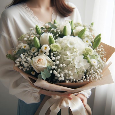 Woman holding white flower bouquet