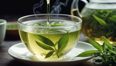 Pouring hot green tea into cup