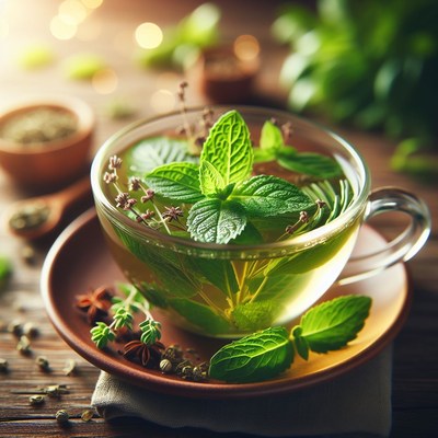 Fresh mint tea on wooden table