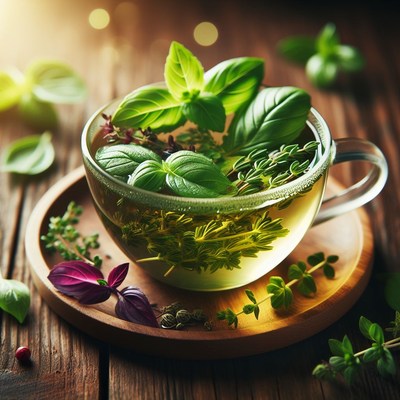 Herbal tea cup on wooden table