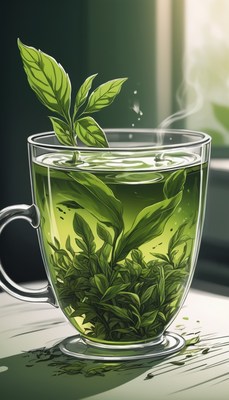 Green tea leaves in glass mug