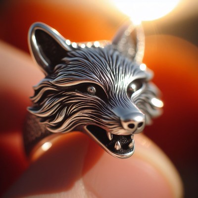 Silver wolf ring close-up