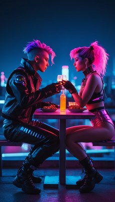 Cyberpunk couple toasting at night