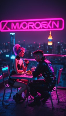 Cyberpunk couple dining at night