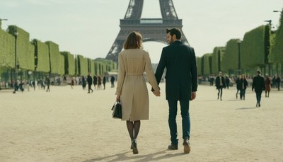 Couple walking near eiffel tower