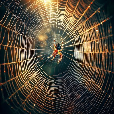 Spider in its web at sunset