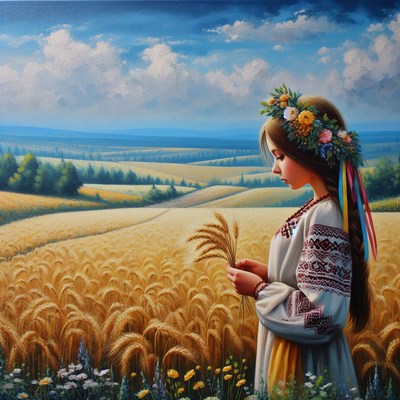 Girl in wheat field with wreath
