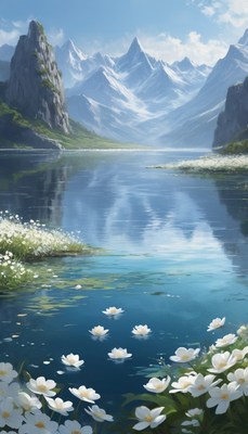 Mountain lake with white flowers