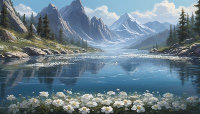 Mountain lake with flowers