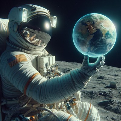 Astronaut holds earth on the moon