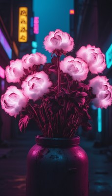 Neon flowers in city alley