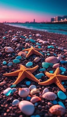 Starfish on a pebble beach at sunset