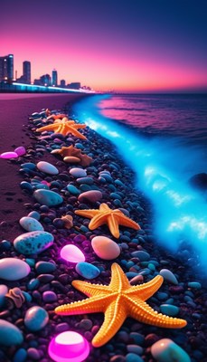 Starfish on a beach at sunset