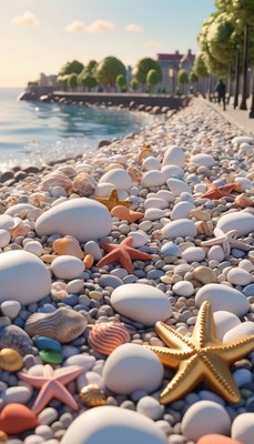 Seashells and starfish on a pebble beach