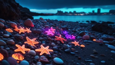 Glowing starfish on a nighttime beach
