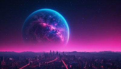 Futuristic cityscape with glowing planet